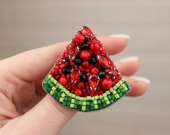 Watermelon brooch, Beaded embroidered brooch