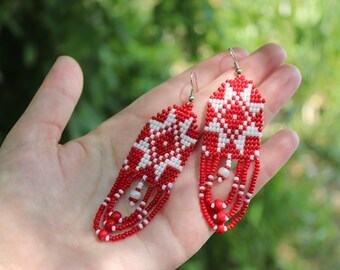 Red Ukrainian earrings, beaded earrings