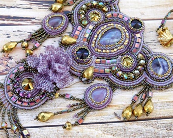 Embroidered necklace, beaded embroidery jewelry, beadwork jewelry