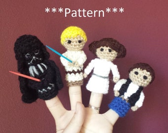Star Wars Crochet Finger Puppet Patterns, Darth Vader, Luke Skywalker, Princess Leia, and Han Solo finger puppets, Star Wars Crochet