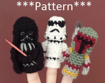 Star Wars Crochet Finger Puppet Patterns, Darth Vader, Stormtrooper, and Boba Fett finger puppets, Star Wars Crochet, Star Wars Villains