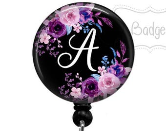Retractable Badge Holder - Floral Badge Reel - Purple Floral Monogram Badge Holder - Retractable Badge Reel - Initial Badge Reel - 0179
