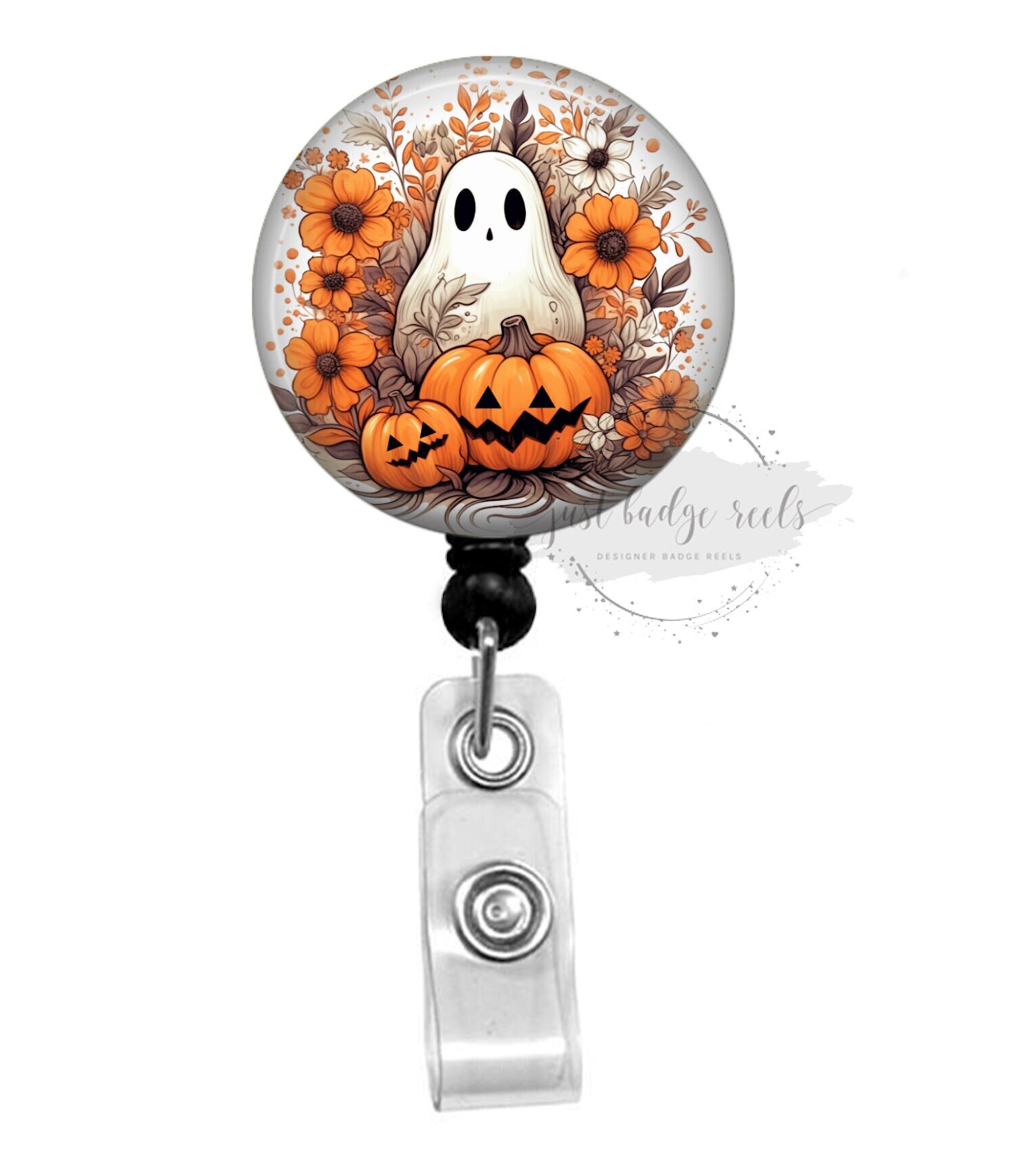 Fall Ghost Badge Holder Autumn Badge Reel Floral Fall Ghost Badge