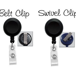 May include: Two black retractable badge reels with different clip styles. The reel on the left has a belt clip, and the reel on the right has a swivel clip. Both reels have a clear plastic strap.