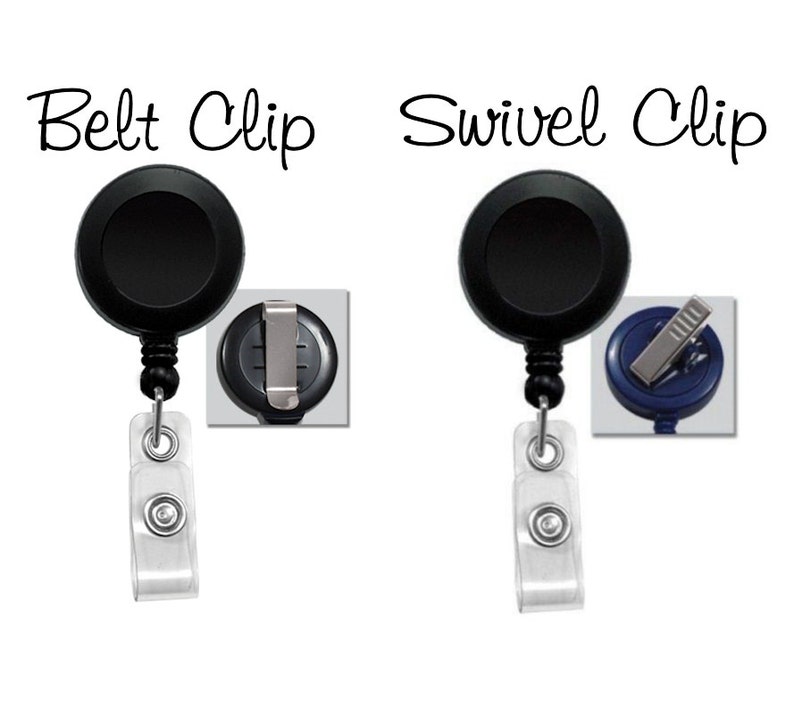May include: Two black retractable badge reels with different clip styles. The reel on the left has a belt clip, and the reel on the right has a swivel clip. Both reels have a clear plastic strap.