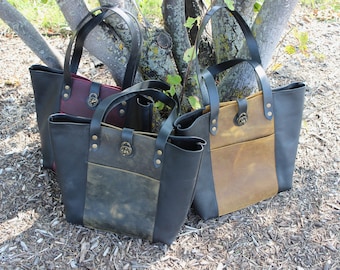 Two-tone Distressed Leather Tote Bag