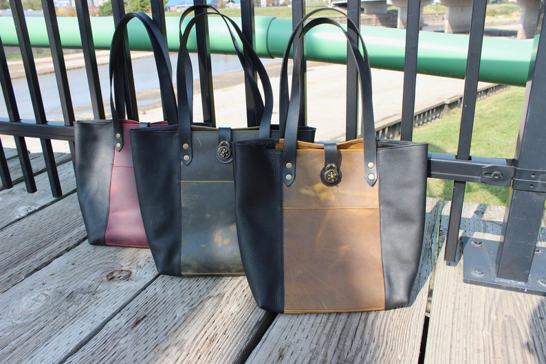 Twotone Distressed Leather Tote Bag Etsy