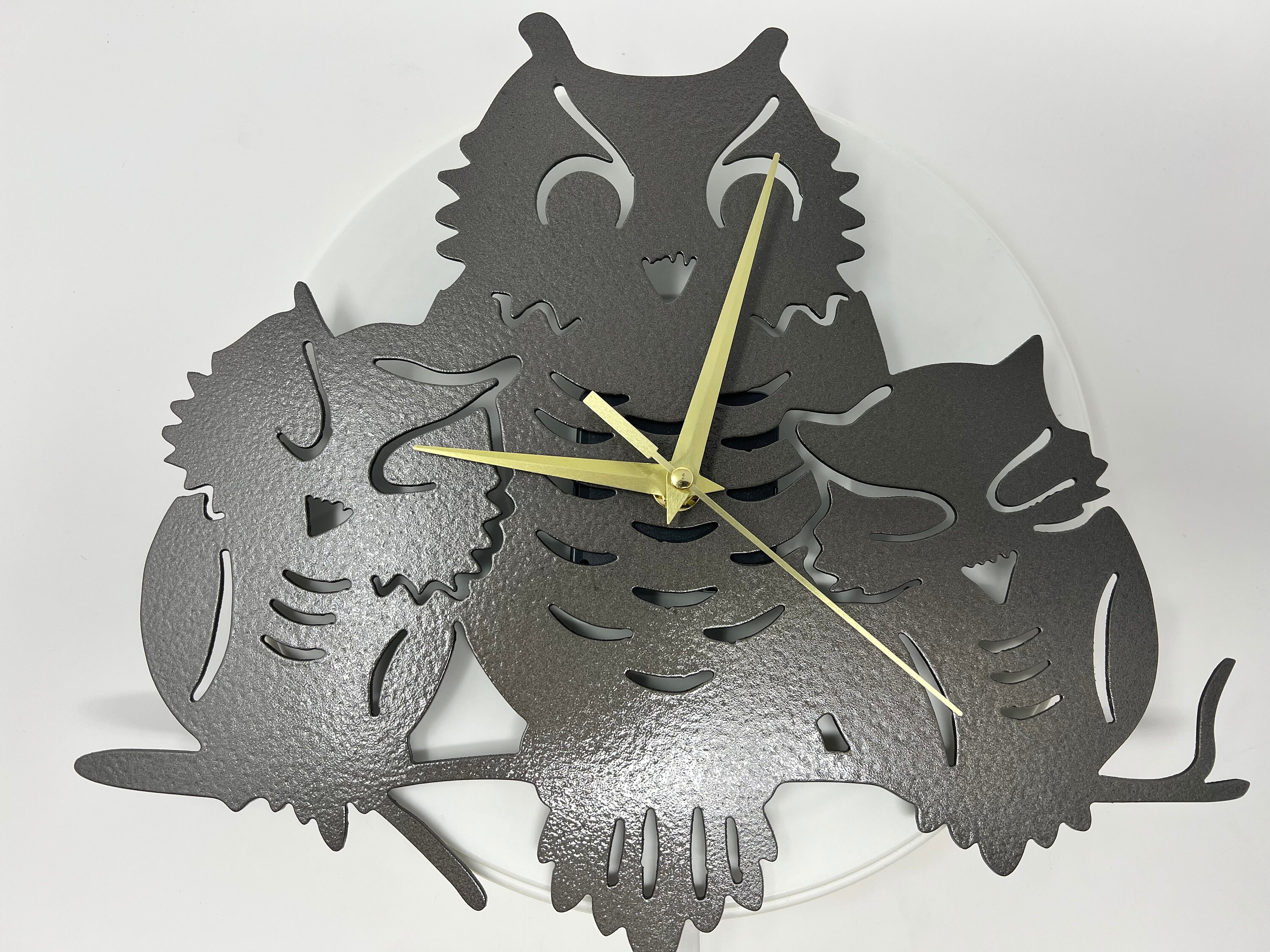 Owl Family Clock, Metal Cutout Black with Quartz Movement  12"