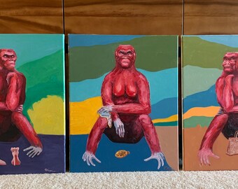 Gorilla Pop Art Oil Painting Original Triptych on Canvas Gorilla  Funny Monkey Painting  Wall Art