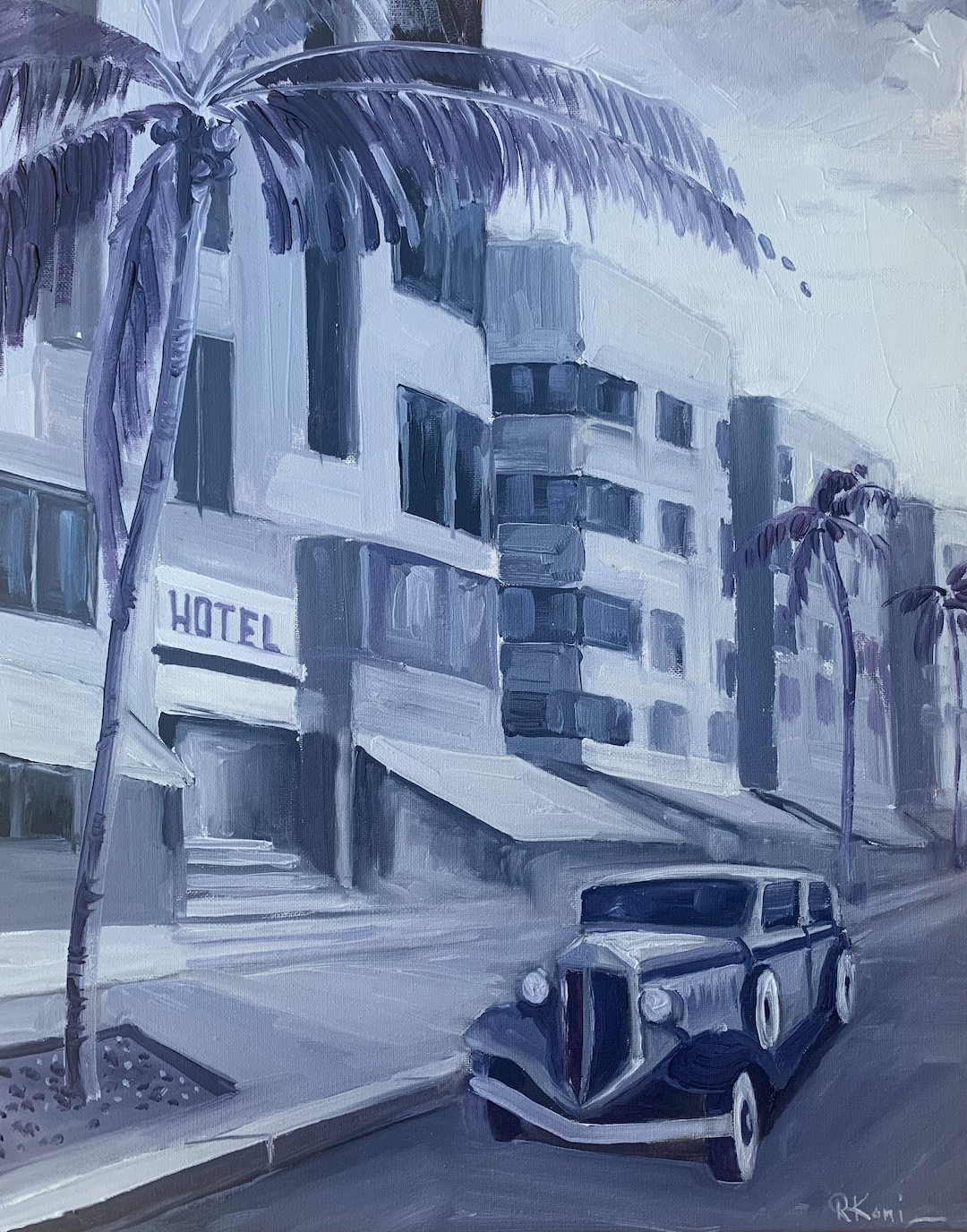 Miami Oil Painting Canvas Miami Cityscape Wall Art Old Car Etsy