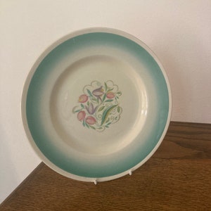 May include: A white ceramic plate with a green rim and a floral design in the centre. The flowers are pink, purple, and green.
