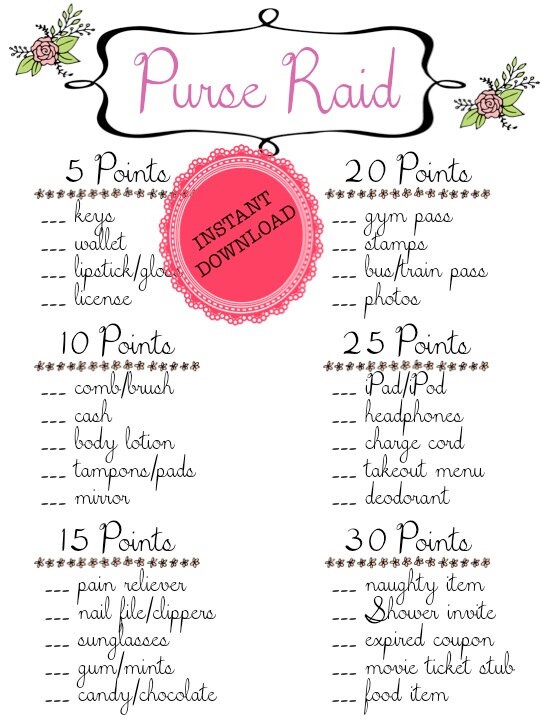PRINTABLE INSTANT DOWNLOAD Purse Raid Game for Bridal Showers