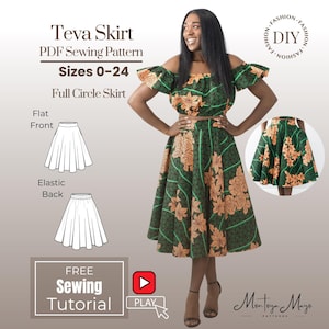 Full Circle Skirt Sewing Pattern PDF, Sizes 0-24,  Beginner Friendly with Free Sew-Along, Flat Front Elastic Waist