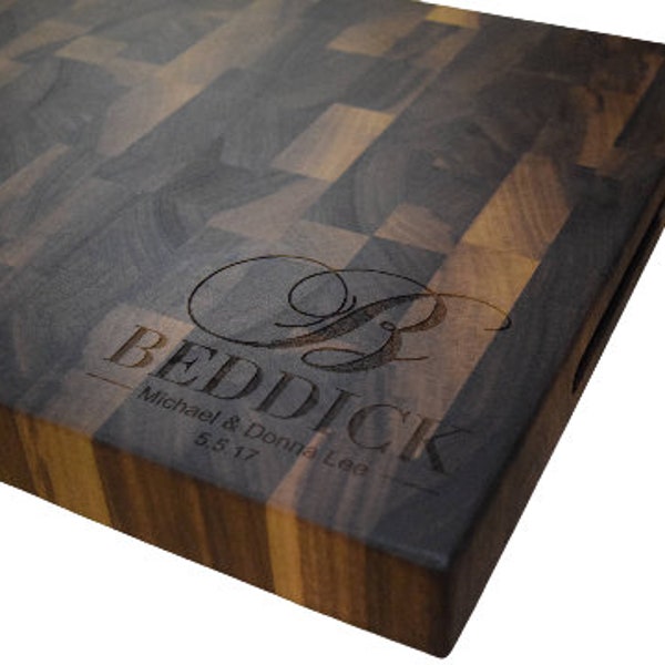 Cutting Board Butcher Block End Grain Walnut Engraved Family Name, Anniversary Gift, Wedding Gift, Appreciation Gift Valentines Gift