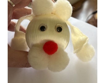 Vintage Dog Puppy Silk Ball Christmas Ornament Felt Pom Poms Googly Eyes 3&quot;