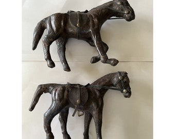 Vintage Leather Wrapped Horse Equestrian Figures Set of 2 5.5&quot;