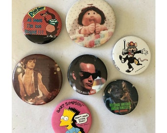 Vintage Pinback Buttons Set of 7 Roger Rabbit Bart Simpson TMNT Luke Perry