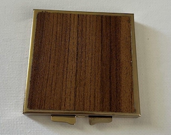 Faux Wood Grain and Brass Metal Frame Handheld Compact Mirror Vintage 2.25