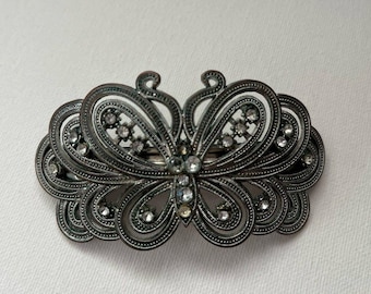 Vintage Butterfly Hair Clip Barrette Silver Tone Rhinestones 3.5"