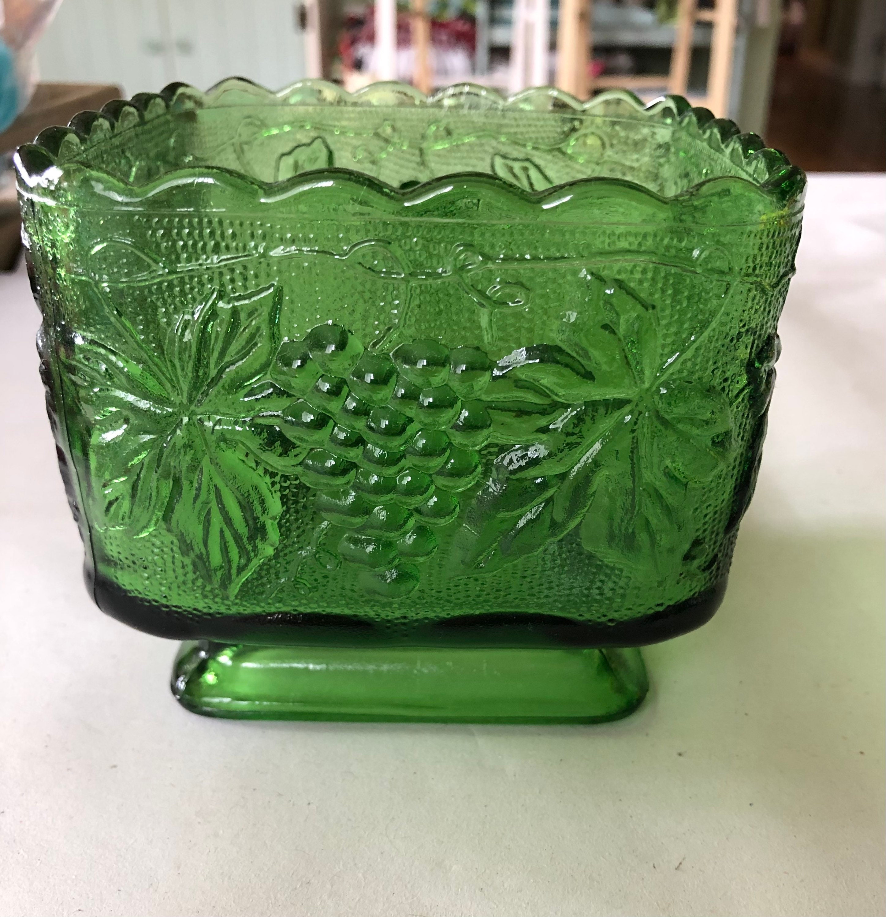 Vintage Green Glass Candy Dish With Pedestal 4x4 Grapes Etsy