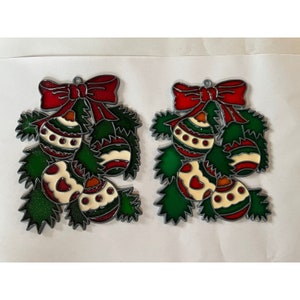 Vintage Stained Glass Christmas Ornaments Set of 2 Ornaments Leaves Bow 5.5&quot;
