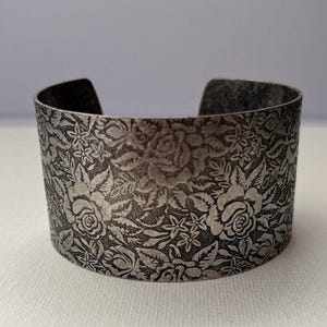 Vintage Pewter Wide Cuff Bracelet with Rose Pattern 1.5" Wide