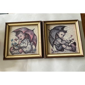 Vintage Finished Framed Hummel Jigsaw Puzzles Set of 2 Square 9 x9&quot; Frames