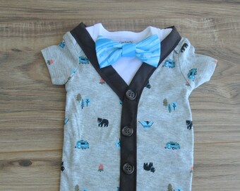 Camping Brown Bear Cardigan Bodysuit with Bow Tie Set. It's perfect for Fall or newborn Photos,  Coming Home Outfit or Baby Shower Gift