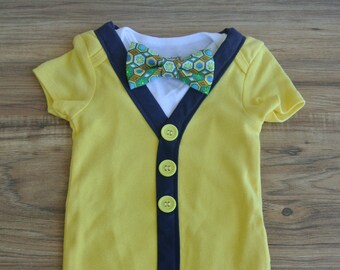 Yellow Cardigan Bodysuit with Bow Tie Set. It's perfect for Autumn Photos, Thanksgiving, First Birthday or Coming Home Outfit