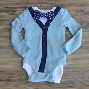 Fall Sky Blue Cardigan Bodysuit with Bow Tie Set. It&#39;s perfect for Spring Photos, First Birthday or Coming Home Outfit. Thanksgiving Outfit