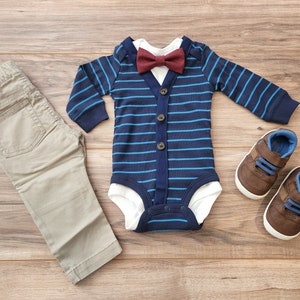 Fall Thanksgiving Navy Cardigan Bodysuit with Bow Tie Set. It&#39;s perfect for Autumn Photos, First Birthday or as a Coming Home Outfit.