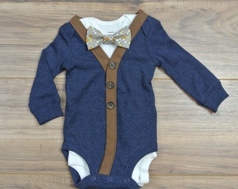 Marbled Dk Navy Cardigan Bodysuit with Bow Tie Set. It's perfect for Thanksgiving, Homecomings, First Birthday or a Coming Home Outfit.