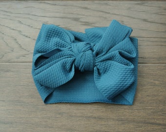 Stretchy Dark Sea Blue waffle headwrap, Messy Bow, ruffle bow headwrap, Large Headband, big bow headband, baby hair bows oversized head wrap
