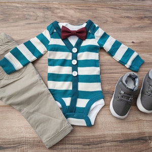 Fall Thanksgiving Blue & White Cardigan Bodysuit with Bow Tie Set. It&#39;s perfect for Newborn Photos, Autumn, 1st Birthday Coming Home Outfit