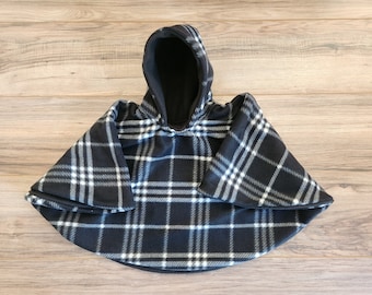 Black White Plaid Car Seat Poncho fits 6 months to 6 years. It's Reversible, Hooded and Car Seat Safe to keep Kids Warm