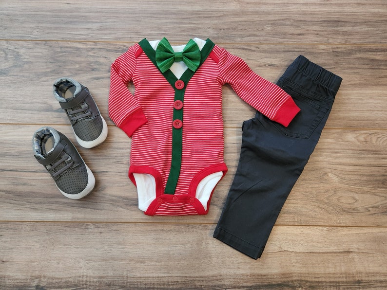Christmas Red Cardigan Bodysuit with Bow Tie Set. It's perfect for Winter Photos, Christmas, First Birthday or as a Coming Home Outfit. 