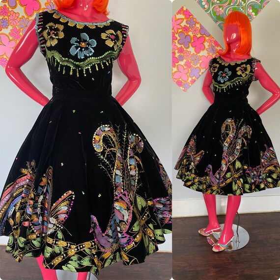 1950s Mexican Hand Painted Circle Skirt Set Black