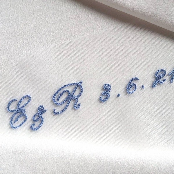 Custom Hand Embroidered Personalised Initials and/or Date for  bridal veil, wedding dress and accessories