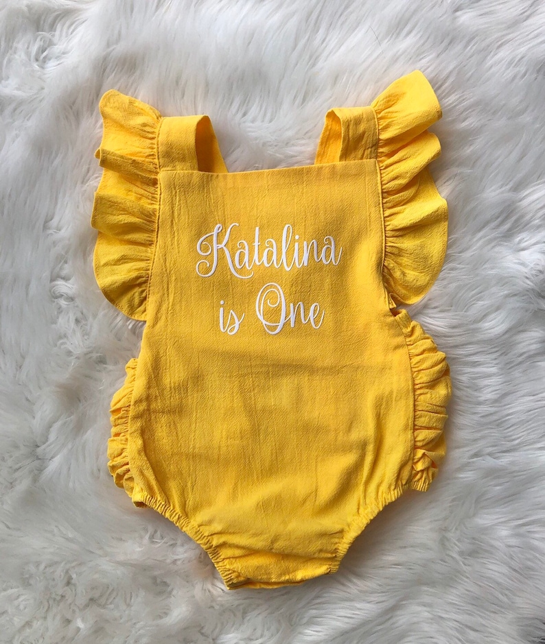 Personalized First Birthday Outfit Baby Girl First Birthday Outfit Yellow Birthday Outfit Personalized Birthday Romper