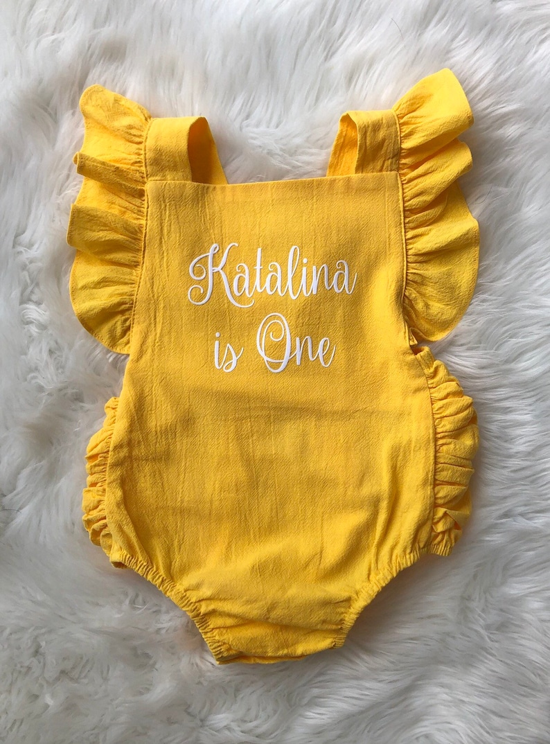 Personalized First Birthday Outfit Baby Girl First Birthday Outfit Yellow Birthday Outfit Personalized Birthday Romper