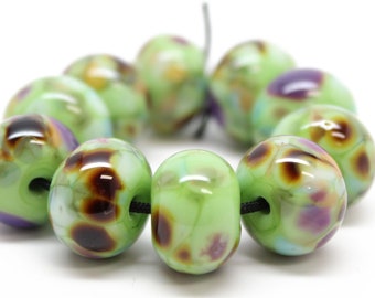 BeadsClubArt Fall Beads Green Glass Fancy Beads Green with Golden lines Beads Green Lampwork Beads 10 Green Beautiful Lampwork Beads