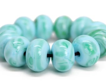 Blue Green Swirl Lampwork Beads: Handmade Ocean Theme Beads (12pc)