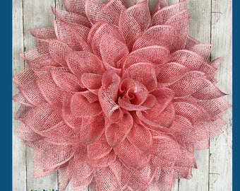 Pink Davis Diva Dahlia, Summer Wreath, Mesh Flower Wreath, gift for mom