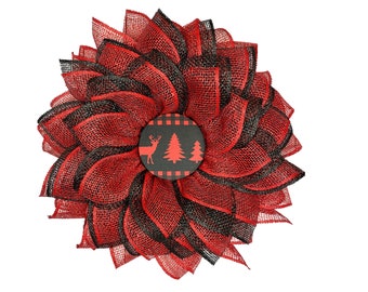 Christmas Flower Wreath, Rustic Cabin Decor poinsettia, Buffalo check Sunflower Wreath, holiday decor, Xmas door decor