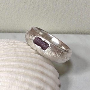 Rustc Sterling Silver Raw Ruby Ring. Sand Cast Ring, Chunky Curved Band, July Birthstone.