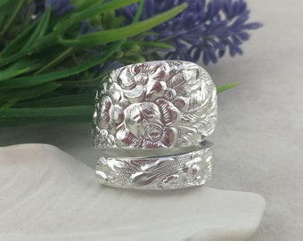 Floral / Rose Sterling Silver Spoon Ring. 1930s Big Bypass Nature Inspired Ring. Vintage Silverware Jewelry. Custom Size.