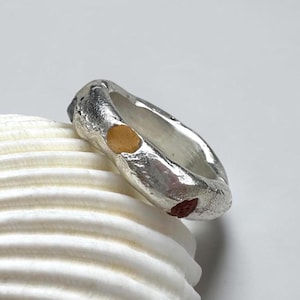 Rustic Sterling Silver Raw Sapphire Ring. Freeform Sand Cast Ring. Red (Ruby), Green, Yellow.