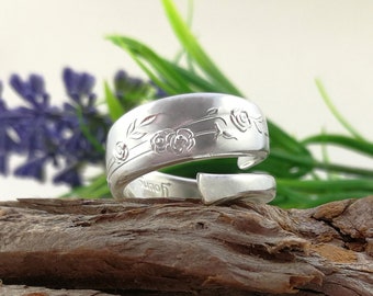 Rose SPOON RING, Sterling Silver. Botanical Wrap Around Thumb Rings for Women. Silverware Jewelry. Custom Size.