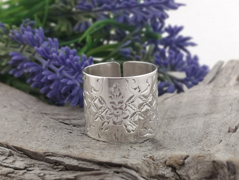 ART NOUVEAU Wide Band Tube ring Open Cigar band ring Upcycled Edwardian Silverware jewelry Sterling silver Cuff ring Size 9 14.