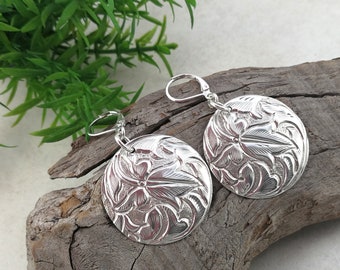 LARGE DISC EARRINGS, Sterling Silver. Lightweight Gypsy Style Earrings. Autumn Leaf Design. Upcycled Vintage Silverware Jewelry.